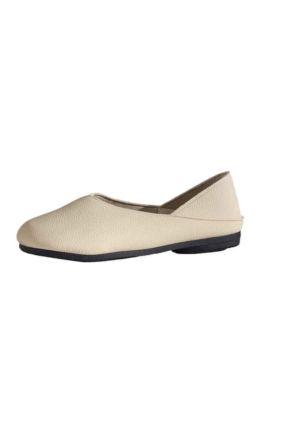 Women's Slip On Leather Ballet Walking Flats, Minimalist Square Toe Shoes, Soft Sole Daily Casual Loafers Beige