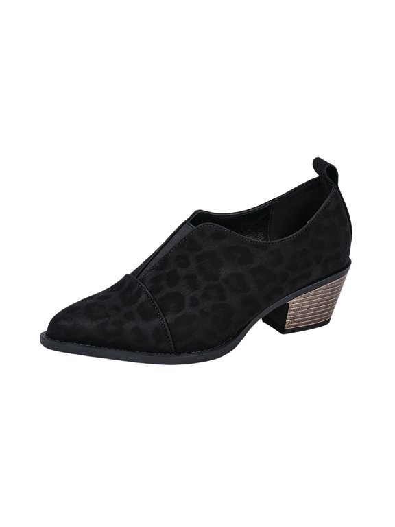 Women's SlipโOn Low Heel Booties, Classic Faux Suede Pointed Toe Walking Pumps, Stable Stacked Heel Ankle Boots Black