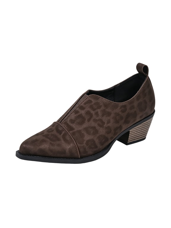 Women's Slip‑On Low Heel Booties, Classic Faux Suede Pointed Toe Walking Pumps, Stable Stacked Heel Ankle Boots Brown