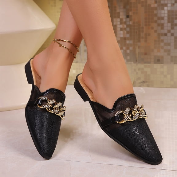 EKVAHL Women's Slip-on Mesh Mules, Pointed Toe Rhinestone Decor Backless Loafers, Casual Daily Summer Slide Mules Black
