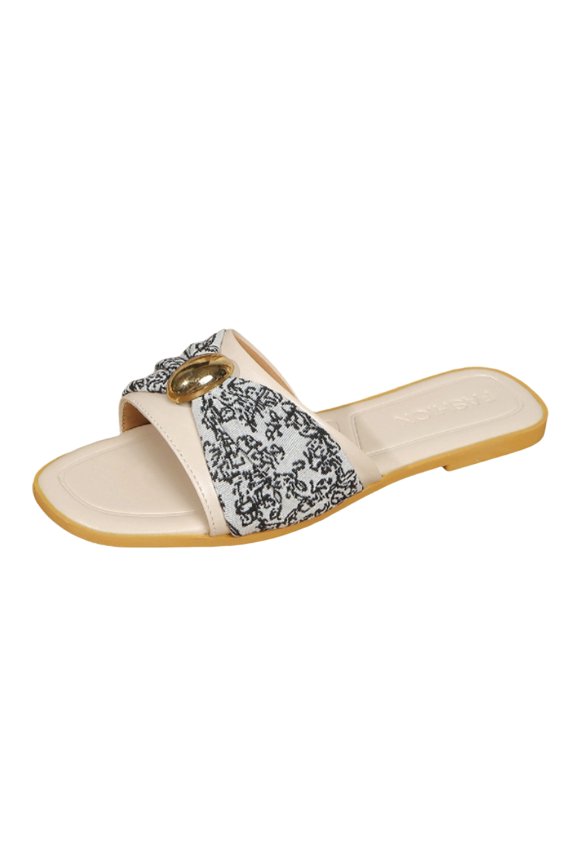 Women's Slip-on Slide Sandals, Square Open Toe Metal Button Slides, Vacation Beach Casual Walking Slippers Beige