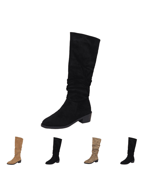 Women's Slouch Knee High Boots, Faux Suede Ruched Design Low Block Heel Tall Boots, Wide Calf Fall Winter Casual Daily Boots Black