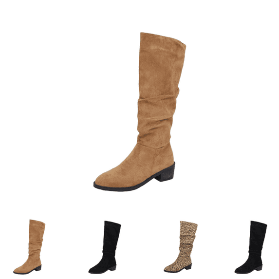 EKVAHL Women's Slouch Knee High Boots, Faux Suede Ruched Design Low Block Heel Tall Boots, Wide Calf Fall Winter Casual Daily Boots Brown