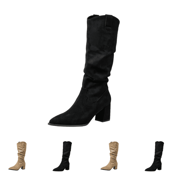 EKVAHL Women's Slouch Knee High Boots Orthopedic Faux Suede Chunky Heel Western Tall Boots, Wide Width Pointed Toe Casual Travel Party Boots Black
