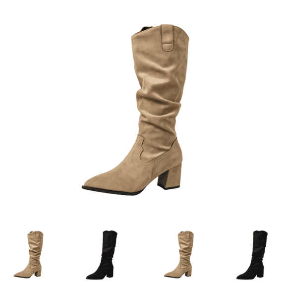 EKVAHL Women's Slouch Knee High Boots Orthopedic Faux Suede Chunky Heel Western Tall Boots, Wide Width Pointed Toe Casual Travel Party Boots Brown