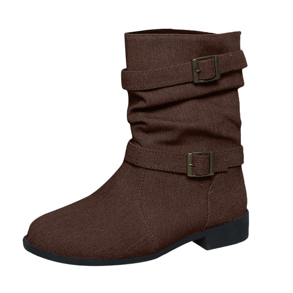 EKVAHL Women's Slouch Mid‑Calf Boots, Adjustable Strap Faux Denim Boots, Round Toe Classic Outdoor Daily Walking Boots Brown