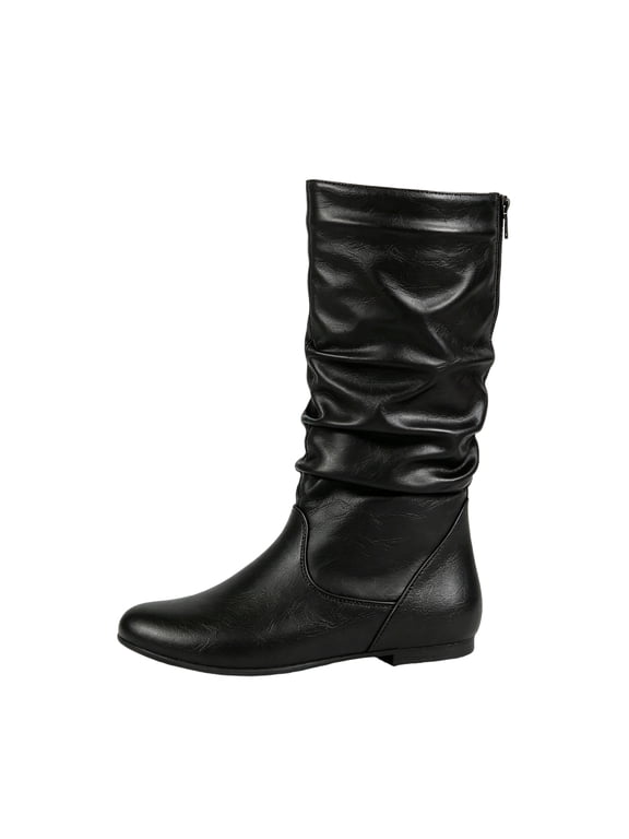 Women's Slouch Mid‑Calf Boots, Relaxed Fit Faux Leather Flat Boots, Low Heel Daily Walking Boots For Fall Street Wear Black