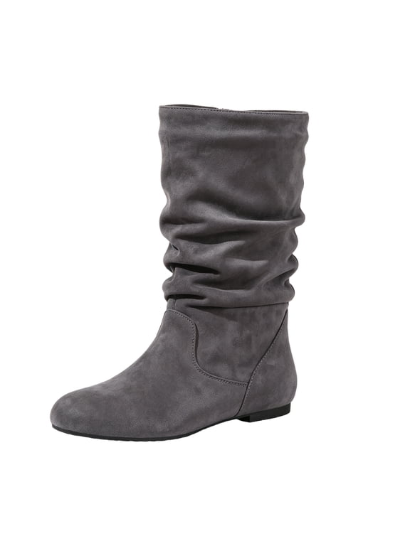 Women's Slouch Mid‑Calf Boots, Relaxed Fit Faux Leather Flat Boots, Low Heel Daily Walking Boots For Fall Street Wear Gray