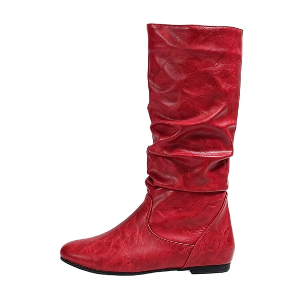 EKVAHL Women's Slouch Mid‑Calf Boots, Relaxed Fit Faux Leather Flat Boots, Low Heel Daily Walking Boots For Fall Street Wear Red