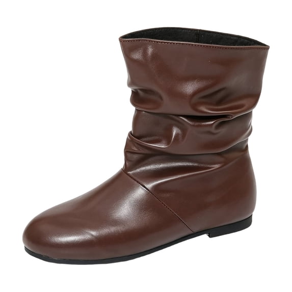 EKVAHL Women's Slouch Mid‑Calf Flat Boots, Soft Faux Leather Casual Boots, Round Toe Fashion Walking Boots For Daily Casual Occasion Brown