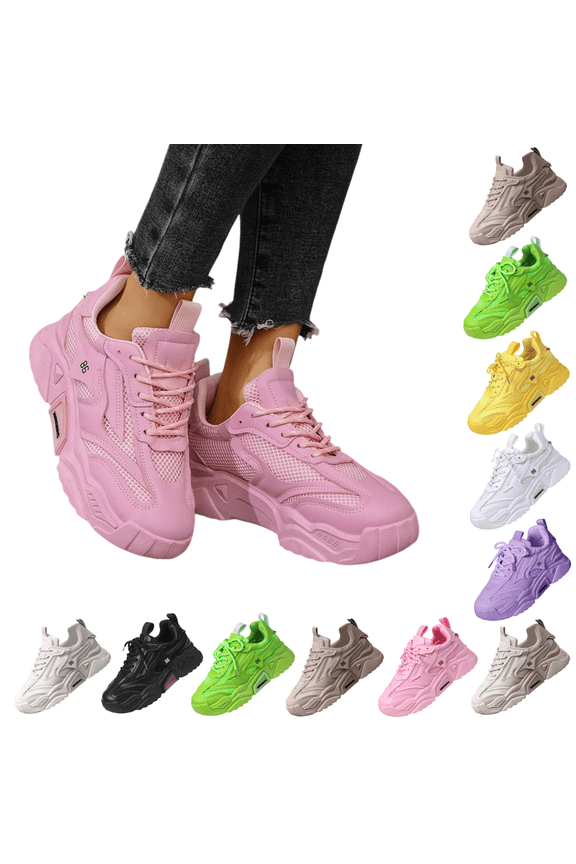Women's Sneakers Low-top Solid Color Mesh Sneakers, Lace Up Platform Casual Trainers Fashion Chunky Sneakers Athletic Gym Workout Comfortable Breathable Lightweight Pink