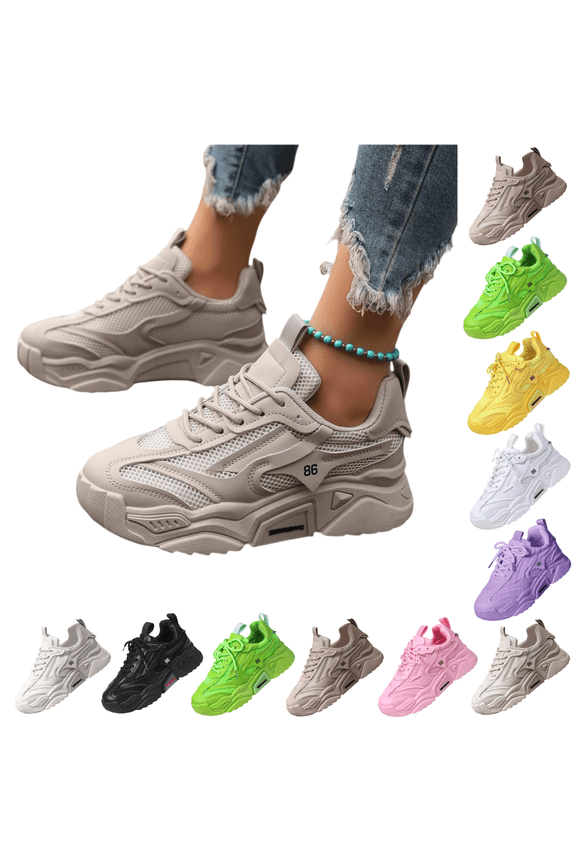 Women's Sneakers Low-top Solid Color Mesh Sneakers, Lace Up Platform Casual Trainers Fashion Chunky Sneakers Athletic Gym Workout Comfortable Breathable Lightweight Light Gray