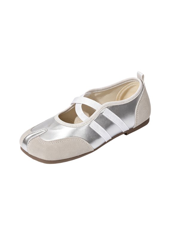 Women's Split Toe Ballet Flats, Faux Leather Mary Jane Flats, Soft Flexible Closed Toe Casual Walking Shoes for Weekend Outing Light Gray