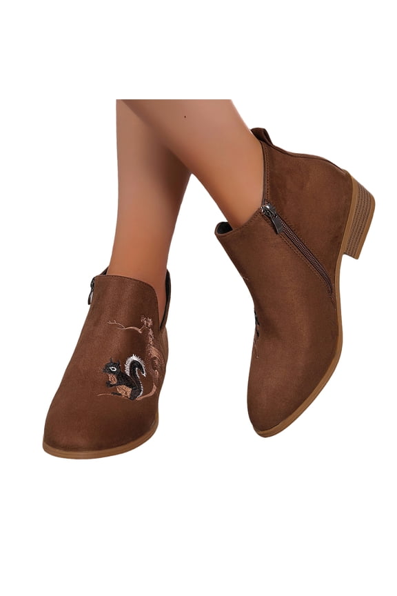 Women's Suede Ankle Boots Casual Low Cut Side Zipper Short Boots Squirrel Pine Tree Butterfly Flower Low Block Pointed Toe Boots