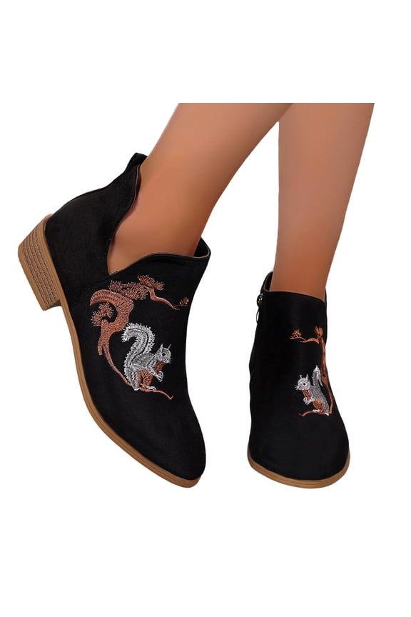 Women's Suede Ankle Boots Casual Low Cut Side Zipper Short Boots Squirrel Pine Tree Butterfly Flower Low Block Pointed Toe Boots