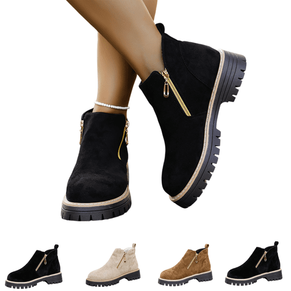 EKVAHL Women's Suede Platform Low Chunky Heel Side Zipper Ankle Boots Comfortable Round Toe Lug Sole Non-Slip Booties Fall Winter Fashion Dress Short Boots