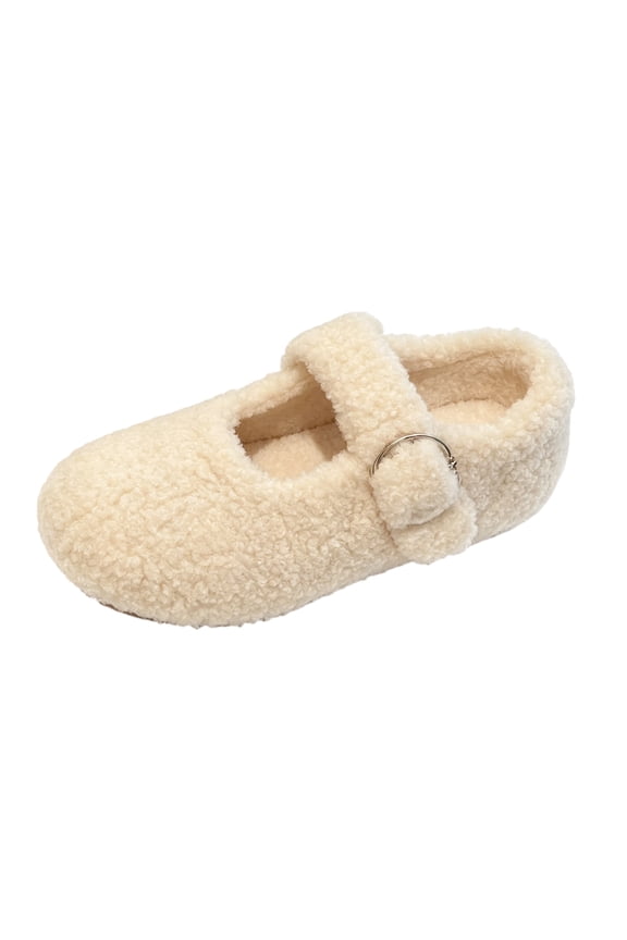 Women's Thick Plush Slip On Mary Jane Mules, Shiny Metal Buckle Platform Slides, Round Toe Cozy Winter Daily Office Mules Beige