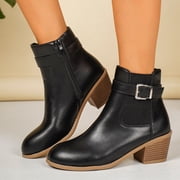 EKVAHL Women's Walking Ankle Boots, Buckle Strap Chelsea Booties, Side Panel Wide Fit Street Daily Outdoor Casual Short Boots Black