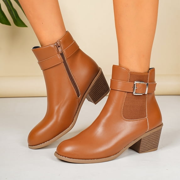 EKVAHL Women's Walking Ankle Boots, Buckle Strap Chelsea Booties, Side Panel Wide Fit Street Daily Outdoor Casual Short Boots Brown