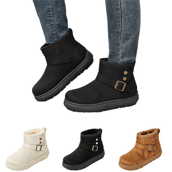 EKVAHL Women’s Walking Shoes Platform Winter Ankle Boots, Soft Faux Suede Upper Warm Lined Short Booties, Adjustable Metal Buckle Decor, Non‑Slip Thick Sole Footwear