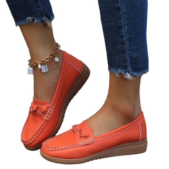 EKVAHL Women's Wedge Loafers, Orthopedic Slip On Flats Walking Shoes, Smooth Leather Bow Detail Arch Support Lightweight Office Beach Daily Dress Shoes Orange