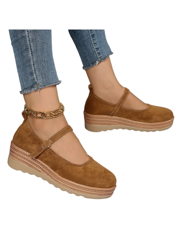 Women's Wedge Mary Jane Flats, Adjustable Strap Ballet Flats, Espadrille Platform Closed Toe Casual Walking Shoes for Vacation Weekend Brown