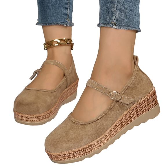 EKVAHL Women's Wedge Mary Jane Flats, Adjustable Strap Ballet Flats, Espadrille Platform Closed Toe Casual Walking Shoes for Vacation Weekend Brown