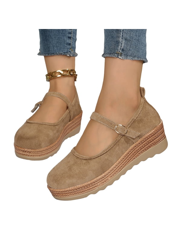 Women's Wedge Mary Jane Flats, Adjustable Strap Ballet Flats, Espadrille Platform Closed Toe Casual Walking Shoes for Vacation Weekend Brown