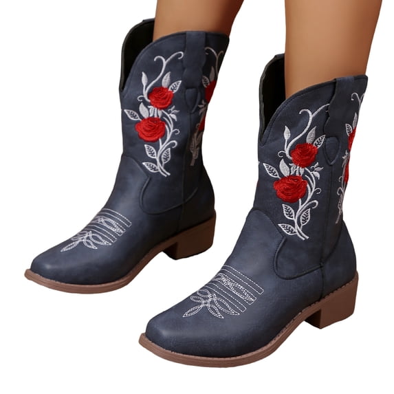 EKVAHL Women's Western Mid‑Calf Cowgirl Boots, Pull On Faux Leather Block Heel Boots, Round Toe Fashion Boots For Festival Casual Outing Blue