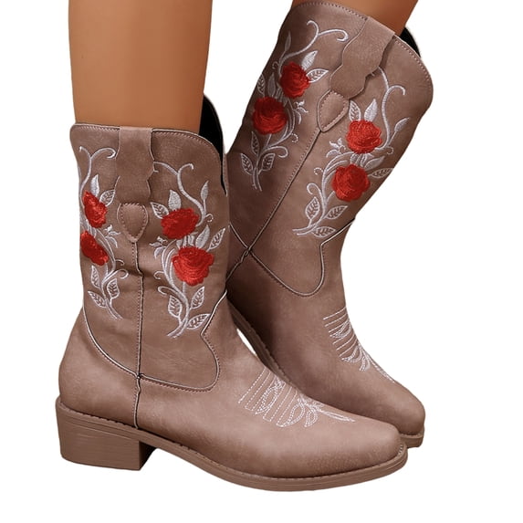 EKVAHL Women's Western Mid‑Calf Cowgirl Boots, Pull On Faux Leather Block Heel Boots, Round Toe Fashion Boots For Festival Casual Outing Pink