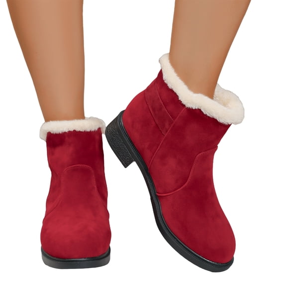 EKVAHL Women's Winter Ankle Boots, Faux Fur Lined Booties, Round Toe Low Block Heel Cold Weather Warm Boots Red