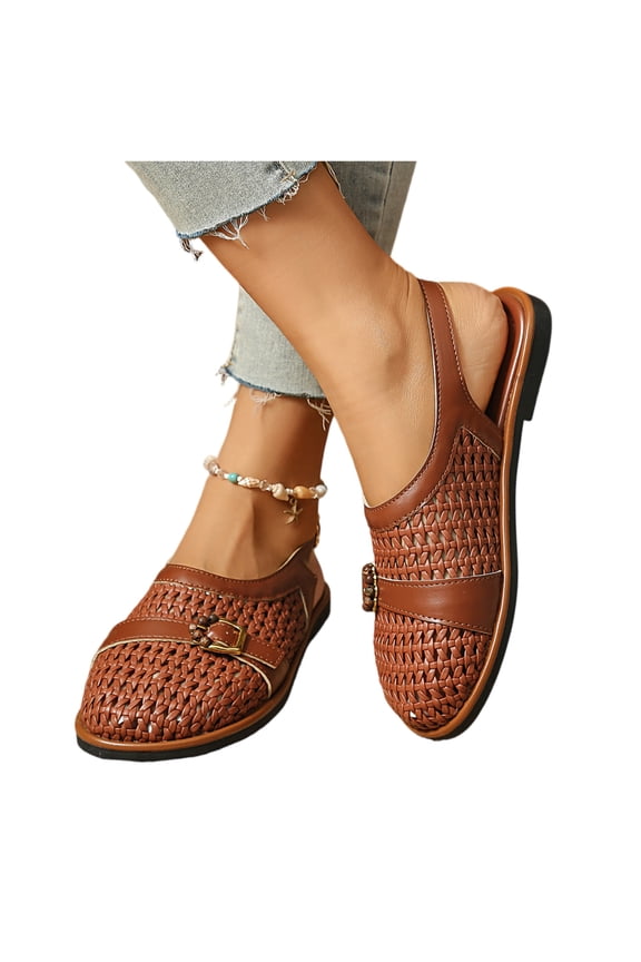 Women's Woven Slingback Mules, Closed Round Toe Slip-On Sandals, Hollow Knit Upper Mary Jane, Summer Walking Flats with Buckle Strap Brown