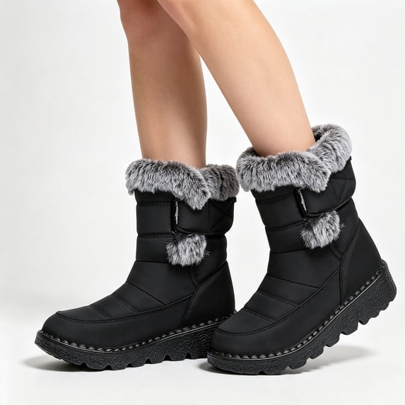 EKVAHL Women's Zipper Winter Snow Boots, Faux Faux Fur Collar Booties, Non‑Slip Wide Width Warm Walking Boots for Outdoor Cold Days Black