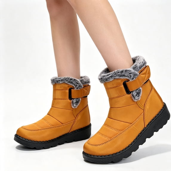 EKVAHL Women's Zipper Winter Snow Boots, Faux Faux Fur Collar Booties, Non‑Slip Wide Width Warm Walking Boots for Outdoor Cold Days Yellow