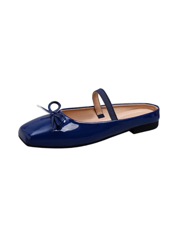 Womens Backless Walking Mules, Patent Leather Bow Square Toe Wide Width Dress Flats, Office Dating Mary Jane Slides Blue