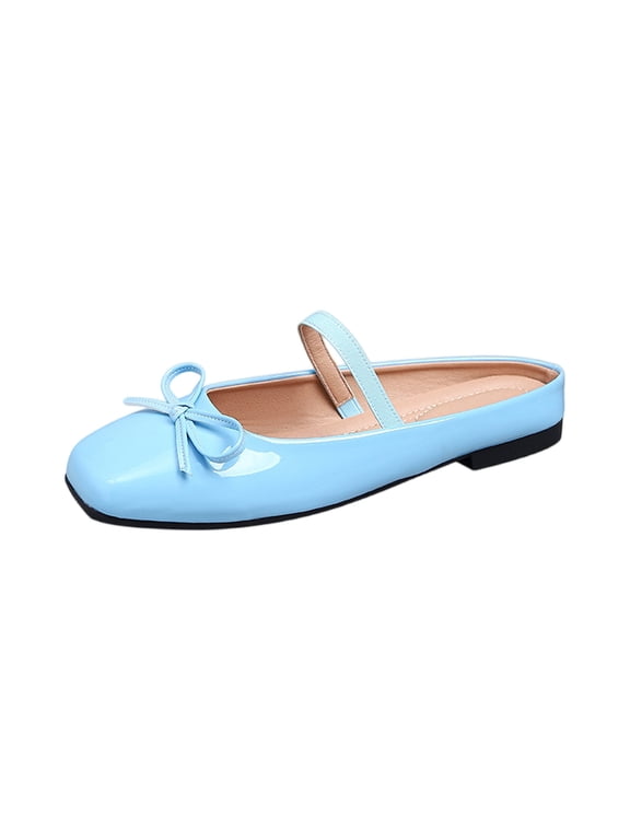 Womens Backless Walking Mules, Patent Leather Bow Square Toe Wide Width Dress Flats, Office Dating Mary Jane Slides Blue