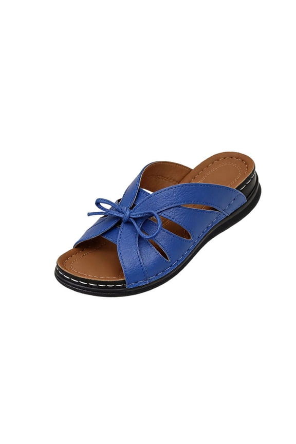 Womens Bow Tie Wedge Sandals Open Toe Leather Slides with Arch Support, Anti-Slip Breathable Summer Walking Shoes Blue