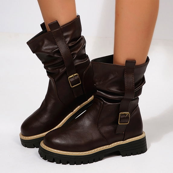 EKVAHL Womens Combat Boots Soft Faux Leather Buckle Strap Ankle Booties, Non Slip Lug Platform Block Heel Fashion Casual Shoes Fall Winter Outdoor Riding Shoe