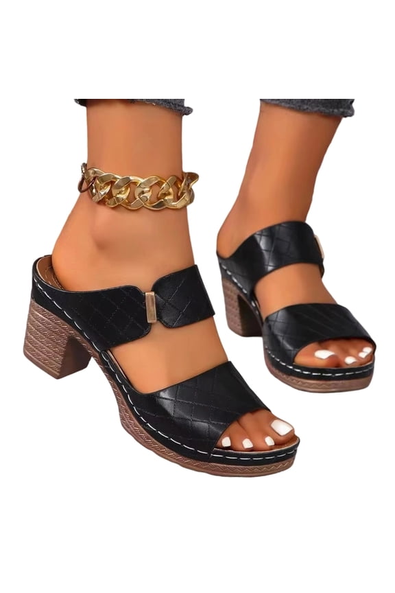 Womens Dual Strap Block Heel Slides, Open Toe Mule Sandals, Stable Wooden Heel Dressy Party Vacation Summer Sandals Black