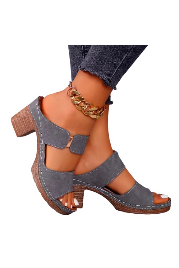 Womens Dual Strap Block Heel Slides, Open Toe Mule Sandals, Stable Wooden Heel Dressy Party Vacation Summer Sandals Gray