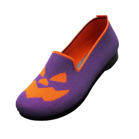 EKVAHL Womens Halloween Orthopedic Loafers, Arch Support Slip On Flat Shoes, Pumpkin Ghost Printed Casual Walking Flats for Women Purple