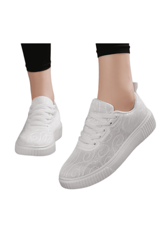 Womens Lace Platform Sneakers, Low Top Lace-Up Casual Training Shoes, Breathable Hollow Upper Non-Slip Sole Summer Daily Walking Shoes White