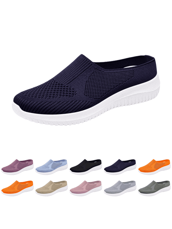 Women's Orthopedic Mule Sneakers, Knit Breathable Slip-On Walking Shoes, Lightweight Non-Slip Mesh Flats with Arch Support for Summer Blue