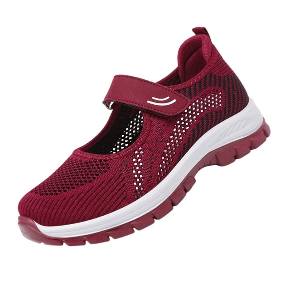 EKVAHL Womens Orthopedic Mary Jane Sneakers, Adjustable Strap Daily Walking Shoes, Summer Cutout Mesh Soft Fit Leisure Flats Red
