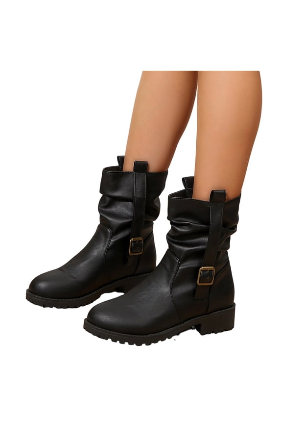 Womens Orthopedic Mid Calf Boots, Moto Casual Walking Shoes, Soft Leather Arch Support Wide Fit Festival Outdoor Daily Fall Boots Black