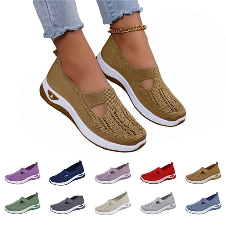 EKVAHL Womens Orthopedic Shoes No Slip Slip-On Loafers Summer Arch Support Sport Shoes Fashion Knitted Woven Sports Walking Shoes Brown