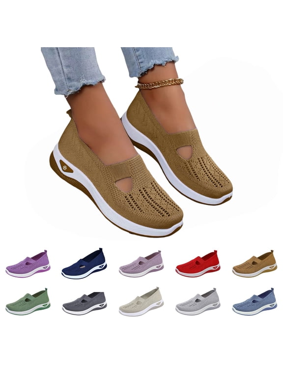 Womens Orthopedic Shoes No Slip Slip-On Loafers Summer Arch Support Sport Shoes Fashion Knitted Woven Sports Walking Shoes Brown