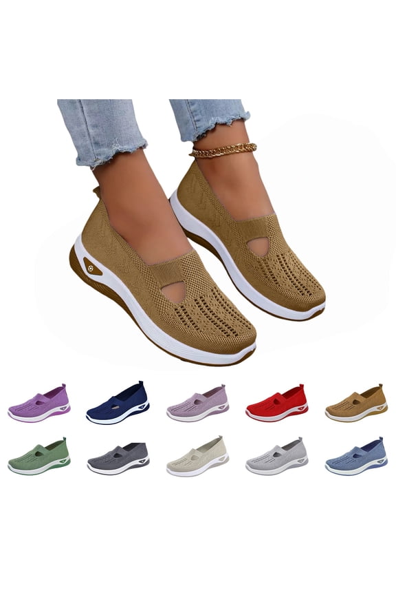 Womens Orthopedic Shoes No Slip Slip-On Loafers 2026 Summer Arch Support Sport Shoes Fashion Knitted Woven Sports Walking Shoes Brown