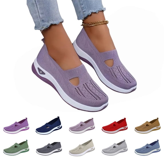 EKVAHL Womens Orthopedic Shoes Non-Slip Slip-On Sneaker New Arch Support Sport Shoes Comfy Knitted Woven Cut-Out Sports Walking Shoes Purple