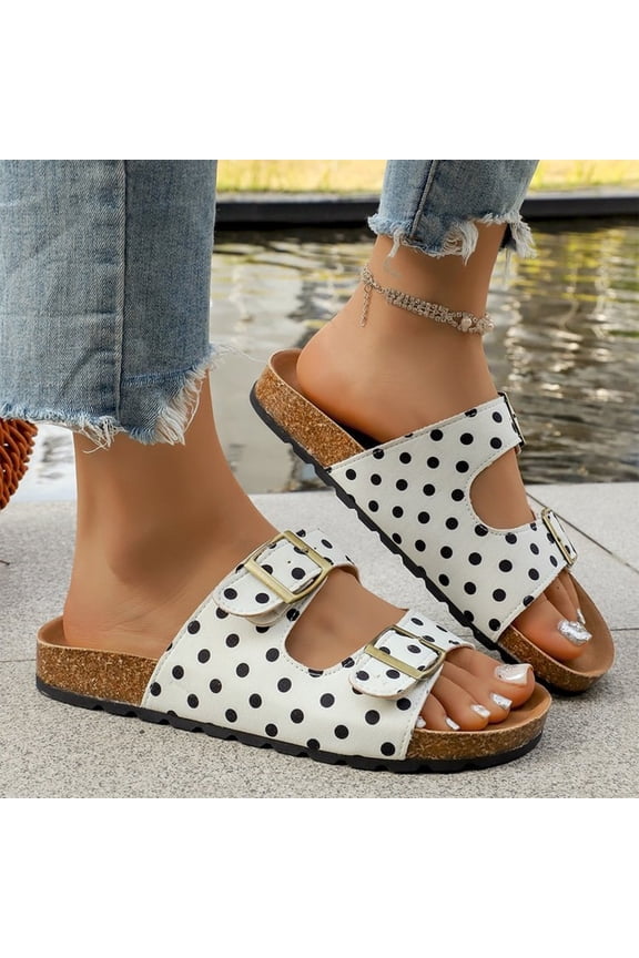 Womens Orthotic Sandals 2026, Round Toe Polka Dot Mesh Mules, Double Buckle Adjustable Flat Slides, Summer Casual Platform Sandals White